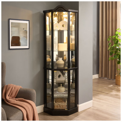Vitrine de coin lumineuse noire avec tablettes réglables en verre - Vitrine en verre sculpté cerisier pour salle à manger de bureau à domicile