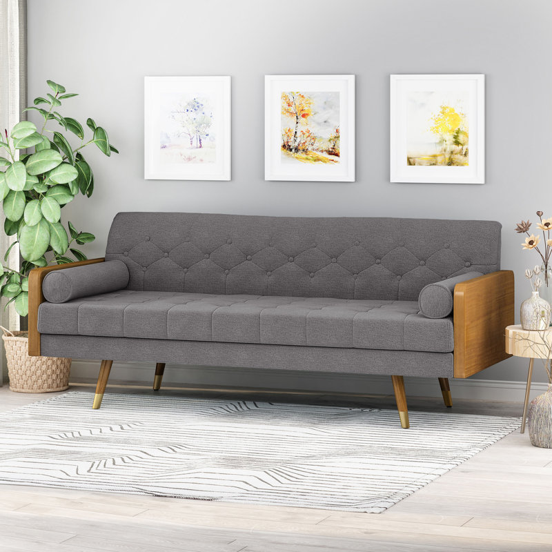 Bel-Air 72.2" Mid Century Modern Tufted 3 Seater Sofa with Bolster Pillows, Gray Polyester