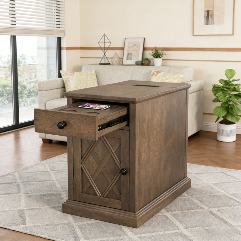 Table de bout Classic Charging Livingroom avec ports USB et rangement, Marron antique