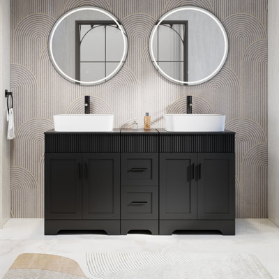 Ensemble de meuble-lavabo à double cuve 60 "avec plateau en bois manufacturé, lavabos vasques, robinets et drains, peinture résistante à l'eau