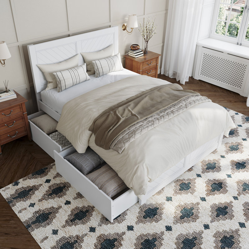 Jeinny Solid Wood Platform Bed with Matching Footboard & Storage Drawers, Full, White