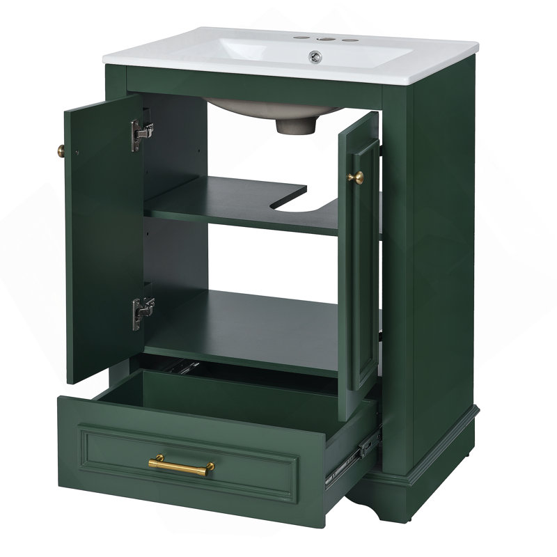 Ensemble de meuble-lavabo 24 po avec lavabo en céramique, armoire de rangement autoportante moderne avec poignées argentées, portes à fermeture douce