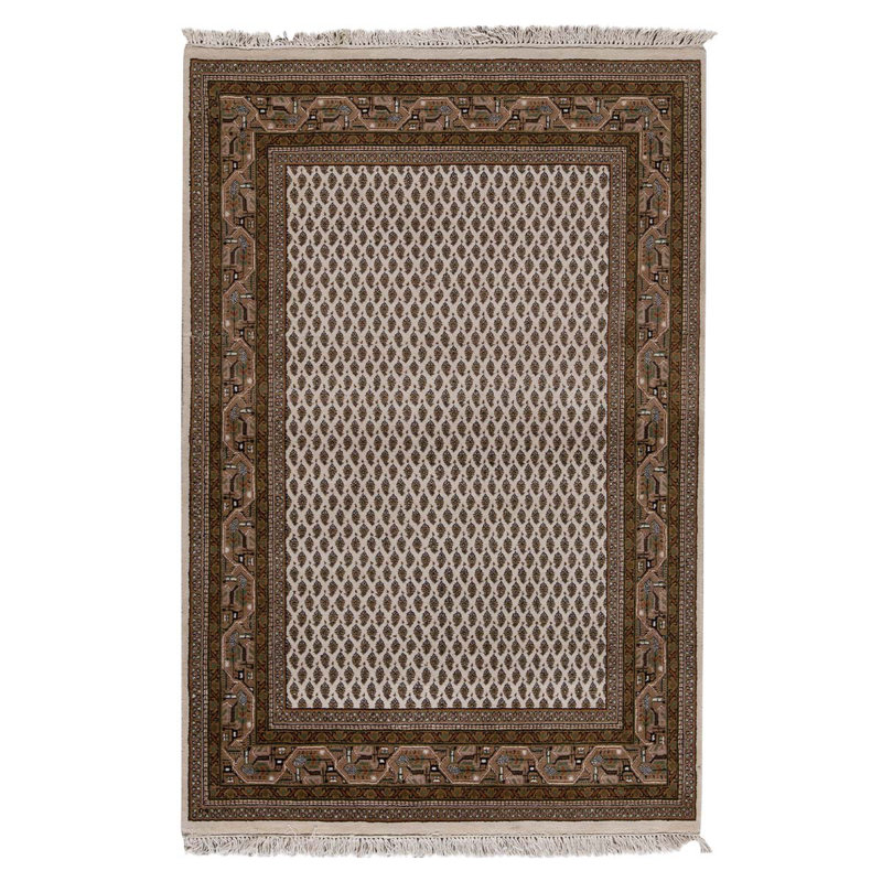 Tapis gris clair / beige unique de haute qualité noué à la main