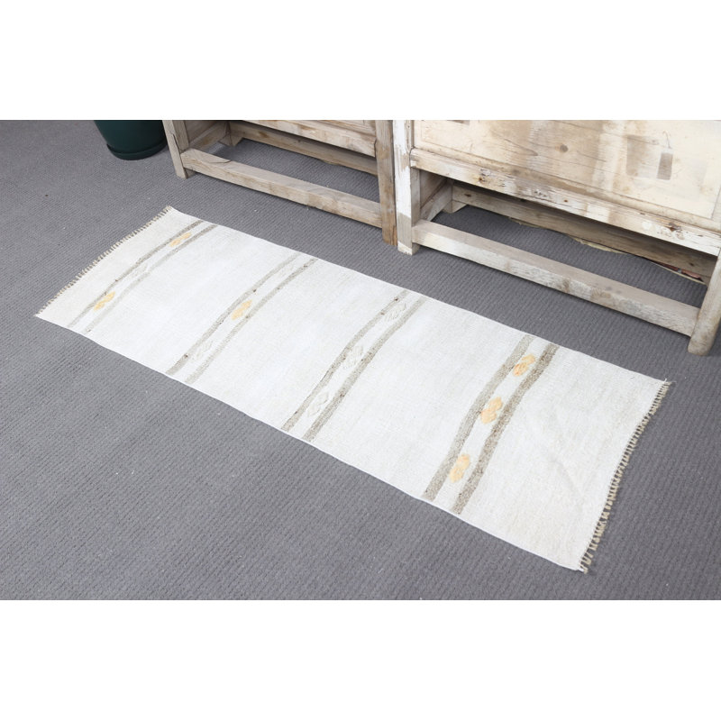 Tapis turc rétro en laine tissé à la main avec rayures pour l'entrée ou les petits espaces en blanc