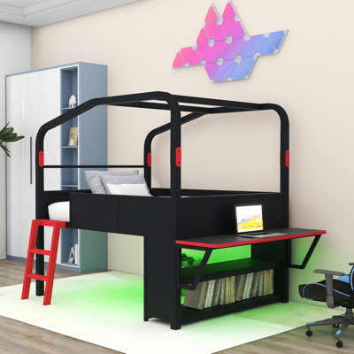 Lit mezzanine bas avec ports de charge USB, bureau latéral et lumières DEL de jeu