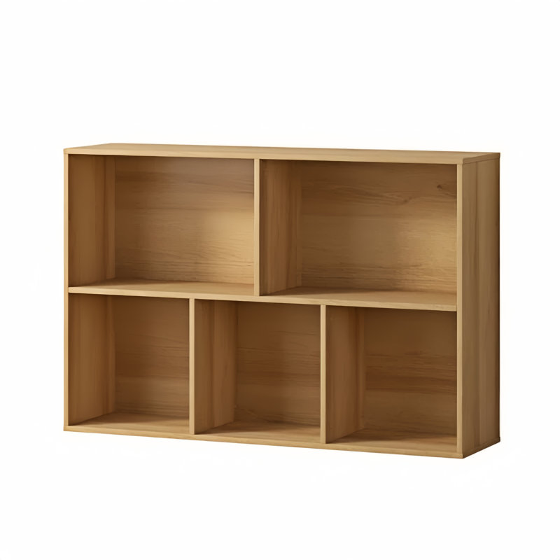 5-Section Closed Back Bookcases, Modern Open Storage Shelf Display Cabinet, Natural Oak