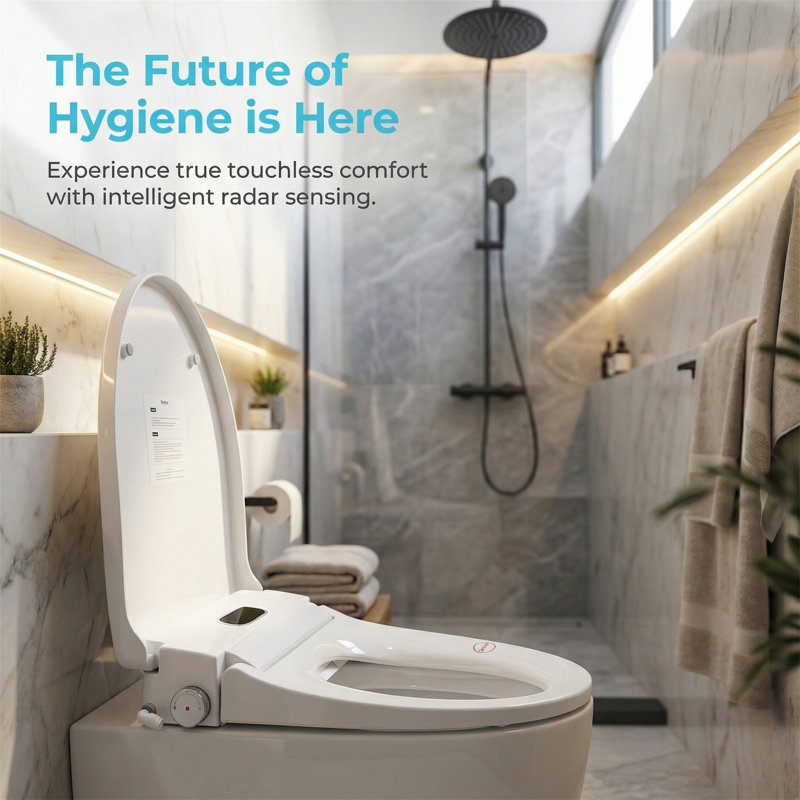 Siège de toilette intelligent à détection de radars entièrement automatique, couvercle d'ouverture / fermeture automatique sans contact, chauffage instantané, lavage arrière et lavage de la femme, buse autonettoyante, affichage à DEL, veilleuse, couvercle à fermeture douce, télécommande