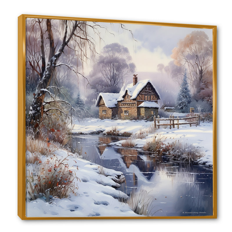 Charme d'hiver à la maison de campagne, H 36 po x l 36 po x P 1,5 po, Cadre flottant doré