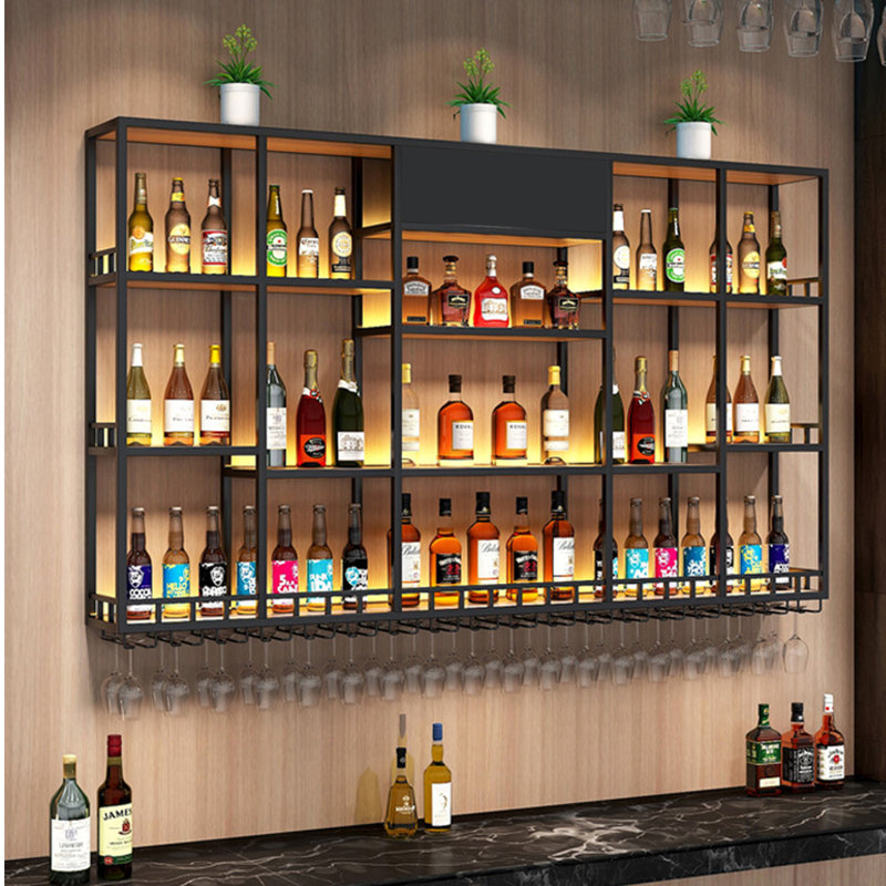 Multi-tier Iron Wall Mounted Wine Rack, Black, 47.2" H x 70.8" W x 7.8" D