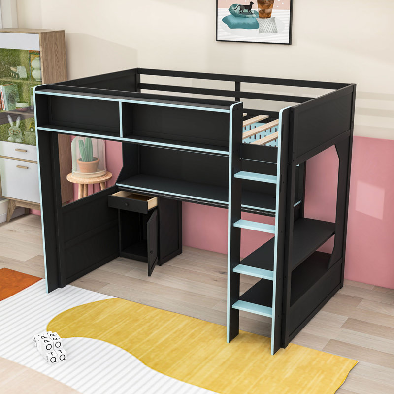 Lit mezzanine avec bureau, lumières et station de charge intégrée, Twin, Black Blue