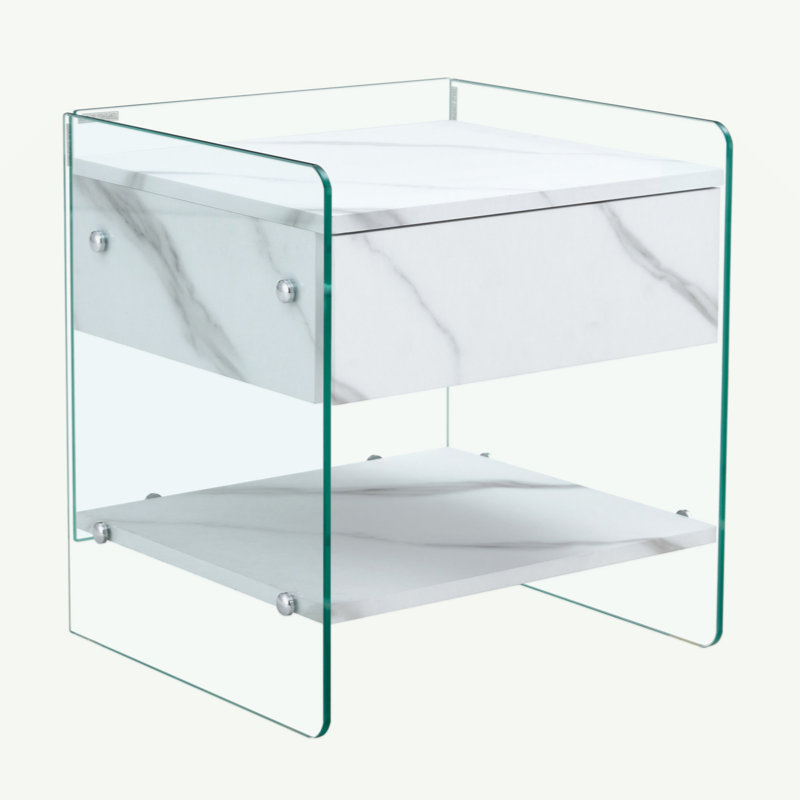 Table de chevet avec tiroirs. La surface de la planche est en panneau de fibres à densité moyenne avec un autocollant à grain blanc et les deux côtés sont en verre trempé. La conception est simple et élégante, avec d'excellentes fonctions de range