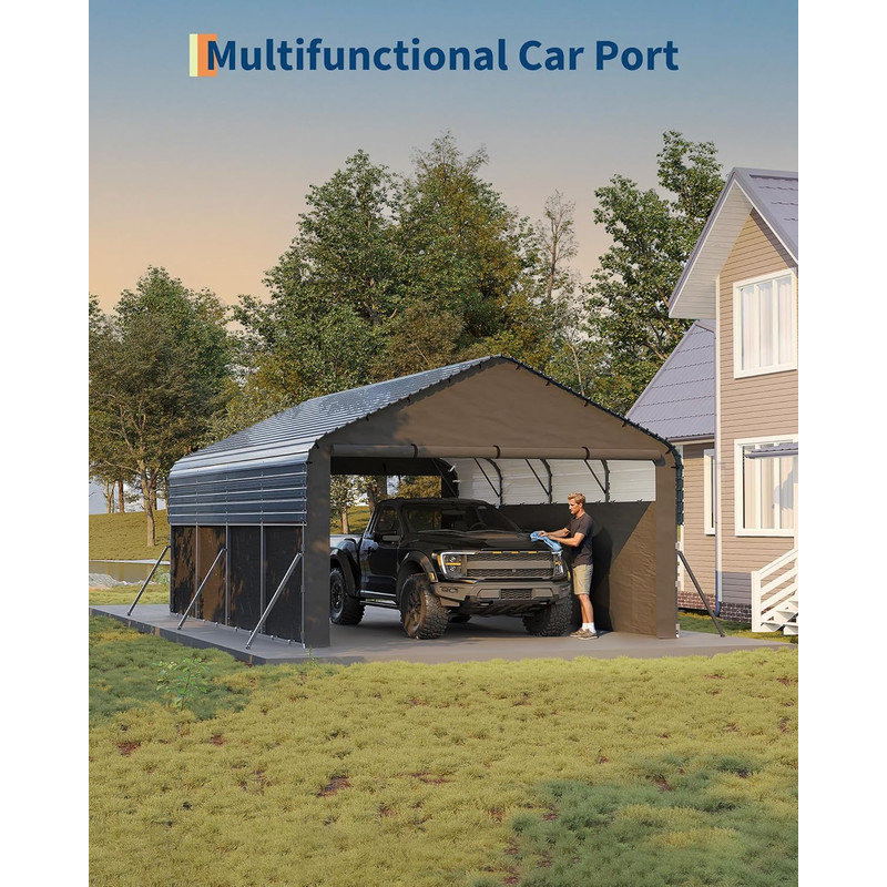 12x20 FT Metal Carport, Enclosed Shelter with Steel Frame & 220g Tarp for Trucks, 8.56' H x 15.19' W x 19.17' D