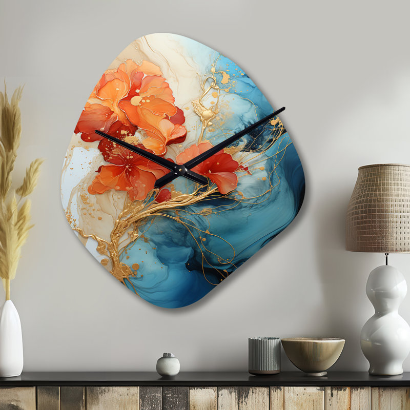 Horloge murale orange, sarcelle abstraite, fractale de forme unique, horloge murale en métal, Petit