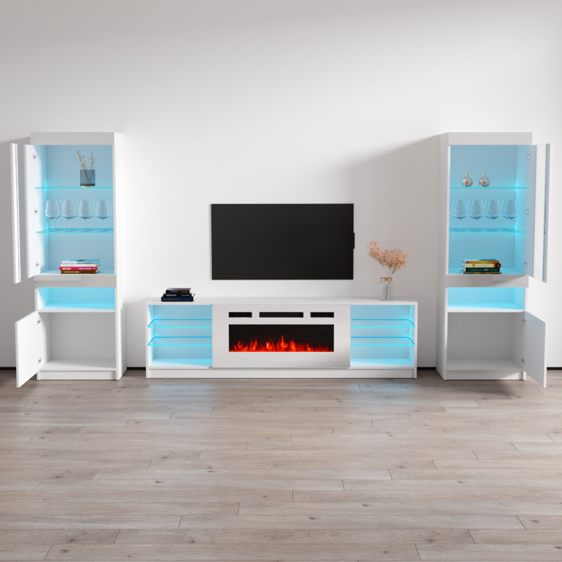Delaine 126" Modern Entertainment Center with Electric Fireplace, High Gloss Finish, Media Storage, White