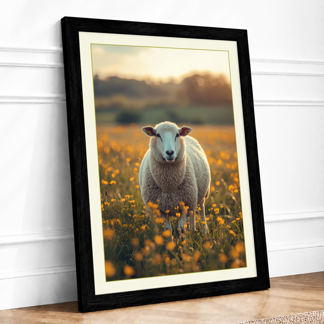 Sheep in Golden Meadow Pastoral - Framed Print