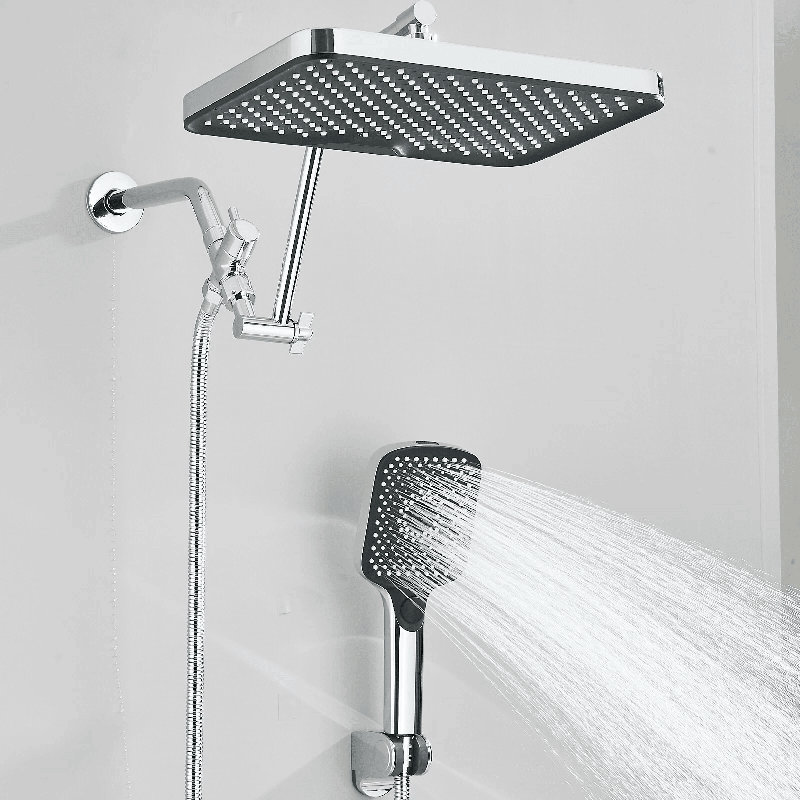 Pommeau de douche chromée de 33 cm avec douchette haute pression effet pluie et cascade, bras d'extension en métal de 20 cm, plusieurs modes de jet, hauteur et angle réglables.