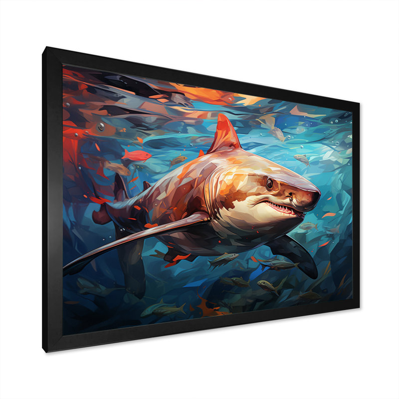Bleu sarcelle, requin, océan, danse, géométrique, H 34 po x l 44 po x P 1,5 po, Cadre simple noir