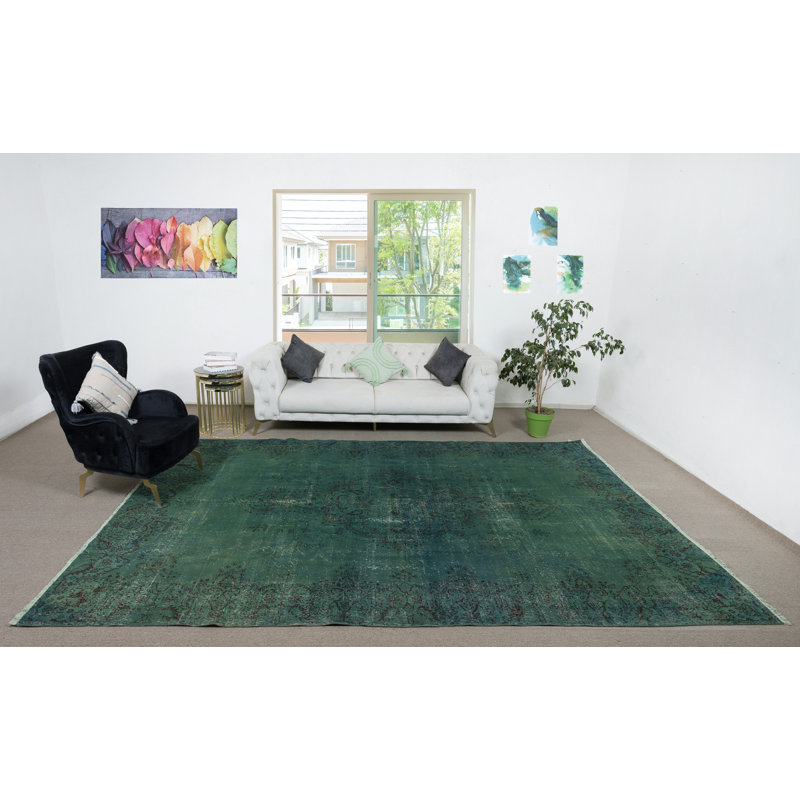 Tapis turc moderne fait à la main vert foncé 8,3 x 12,5 pi