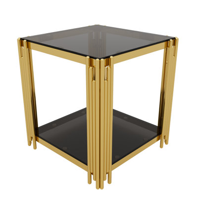 Modern Glass End Table For Living Room, Square,Asymmetrical Metal, Gold Finish & Lower Shelf, 19.9"