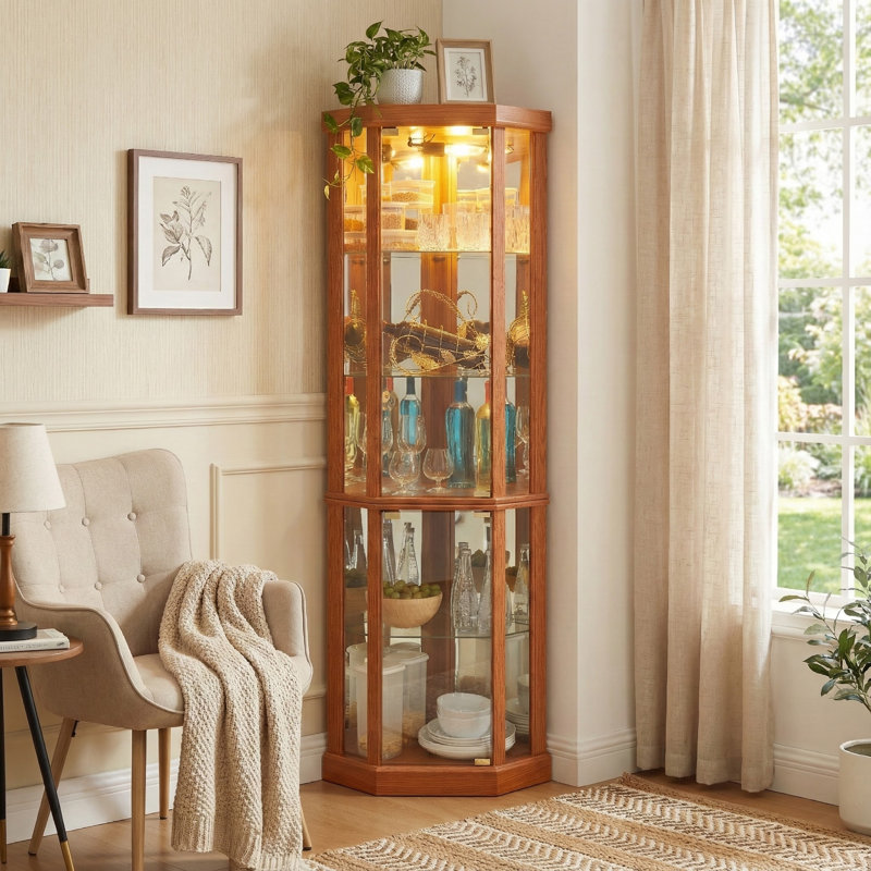 Vitrine de coin lumineuse en chêne foncé, Chêne foncé