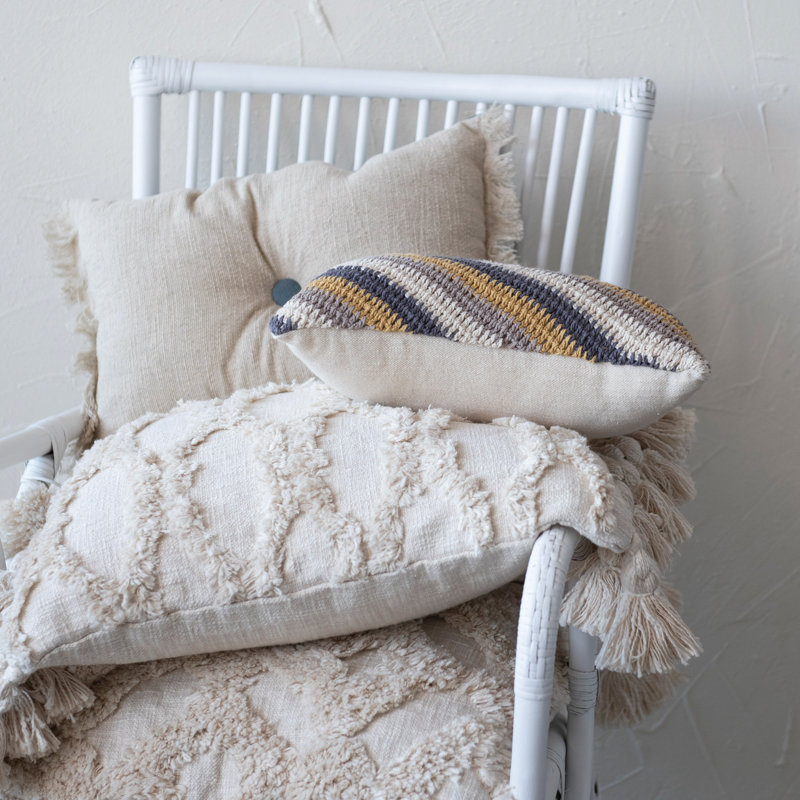 Natural and Blue Linen Blend Reversible Lumbar Pillow with Fringe
