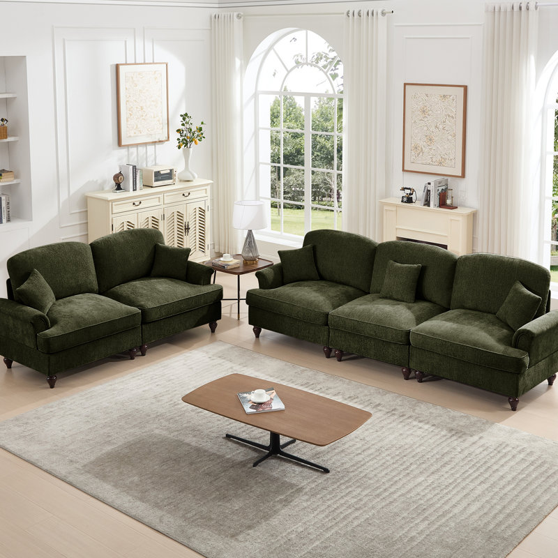 2 pièces modulaires avec volants incurvés et amovibles, support pour le corps, rembourrage en mousse souple, filetage en chenille, multiples configurations pour les accoudoirs évasés en forme de pétale classique, pattes fuselées,