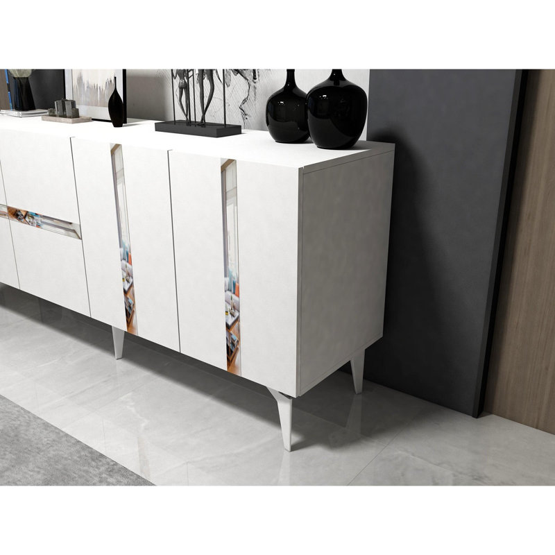 Console moderne, blanc et argent, panneau de particules recouvert de mélamine à 100%, épaisseur: 0,7 pouce | Élégant et fonctionnel, parfait pour les vestibules, les salons et les espaces contemporains