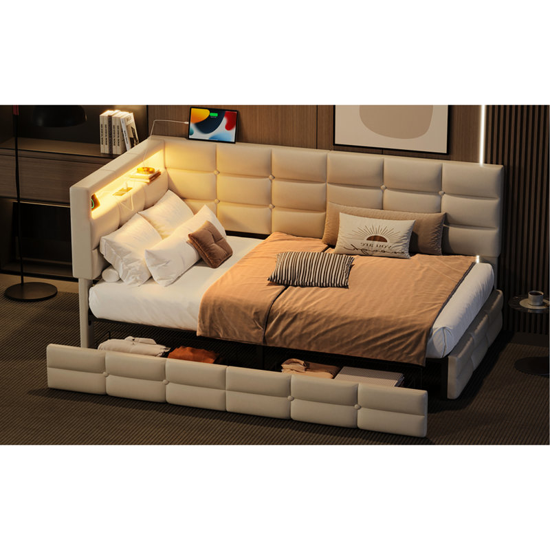 Lit de jour simple avec 2 tiroirs, station de charge et lumières à DEL - Revêtement beige pour une organisation pratique de la taille d'une chambre à coucher