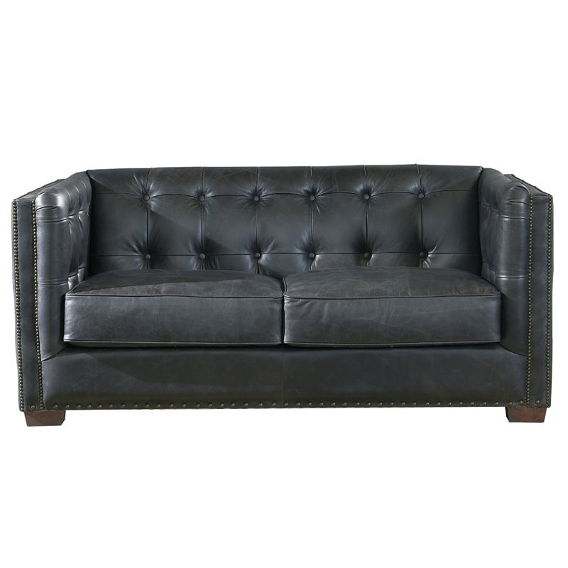 Causeuse avec accoudoirs en cuir véritable 69 po Bellefont, Cuir véritable ardoise