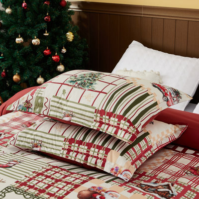 Lit de Noël 3 pièces en patchwork, réversible, en microfibre, avec imprimé bonhomme de neige et flocons de neige et revers à carreaux gris.