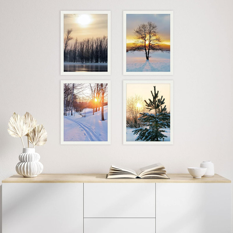 «Sunset Snowy Winter Forest Landscape», ensemble de 4 impressions murales d'automne encadrées sur papier, impression encadrée sur papier