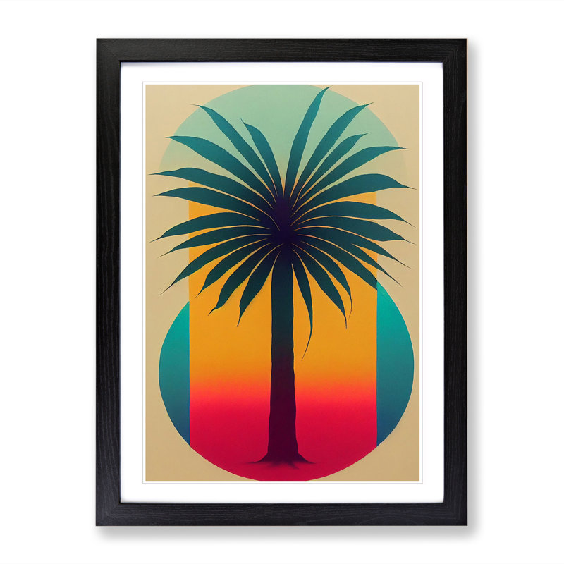 Palm Tree Retro - Single Picture Frame Print, 64cm H x 46cm W x 2cm D, Black