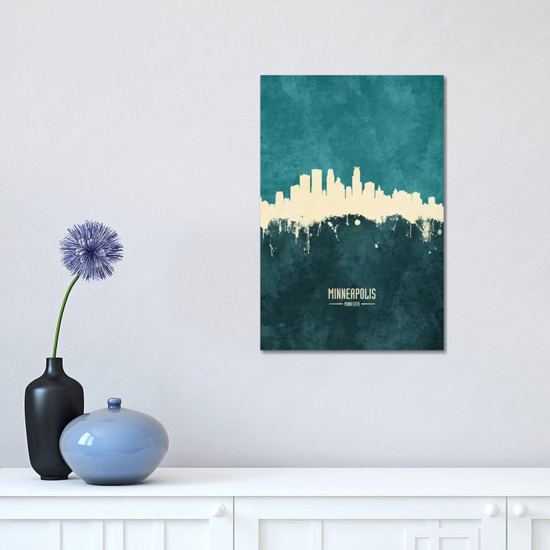 Minneapolis Minnesota Skyline par Michael Tompsett - peinture sur toile tendue, H 18 po x l 12 po x 1,5 po