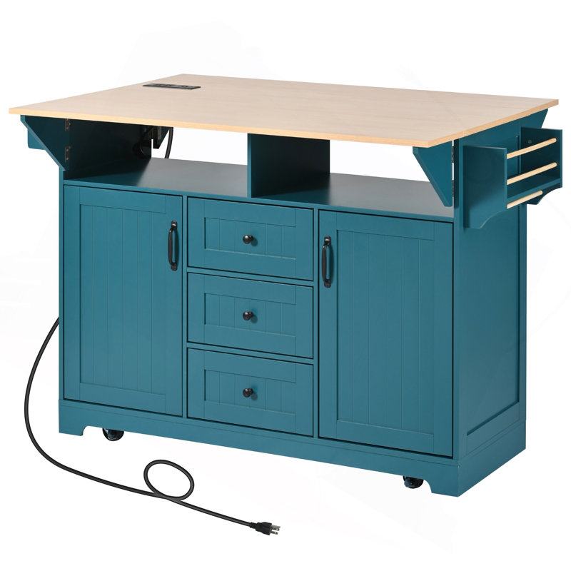 Grand îlot de cuisine 55,7 po avec 2 abattants, chariot de cuisine roulant sur 5 roulettes avec prise de courant, table de salle à manger pliante avec porte-épices et porte-serviettes, 3 tiroirs, pour la cuisine, la salle à manger