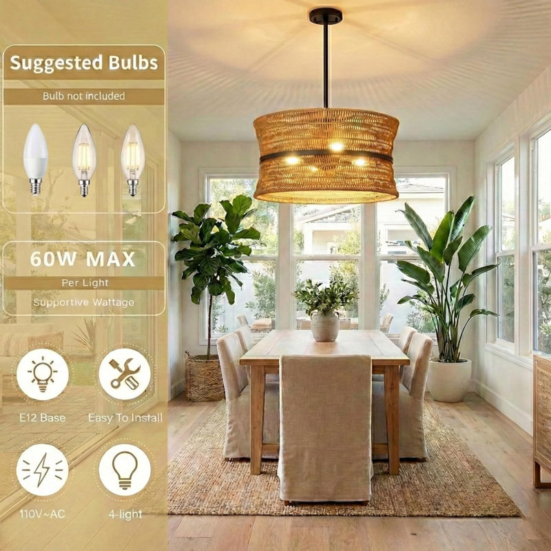 Luminaire suspendu 18 po en rotin côtier tissé à la main Boho