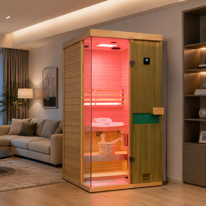 Samsora 1-Person Indoor Steam Saunas with Red Light Therapy, 2500W/240V, 95℉-230℉ Temp Range, Hemlock Wood, Built-In Bluetooth Speaker, Includes Sauna Heater and Sauna Stone, Negative Ion Technology