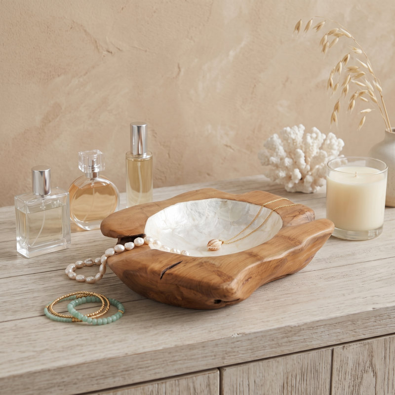 Bol décoratif en bois de teck avec intérieur en nacre - Bol moderne pour une décoration intérieure élégante - Pièce décorative idéale pour une table basse - 30 cm, brun/blanc