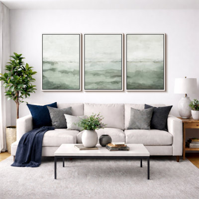 Minimal Landscape "Sage Green Modern Organic Artwork, Simple Abstract Bedroom Wall Pictures, Large Framed Canvas Giclee Print 3 Pieces Wall Art Set"   16x24x3 pcs, 24x36x3 pcs