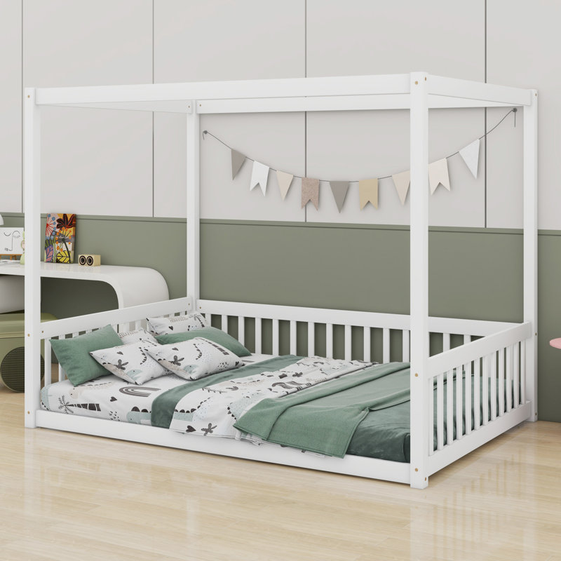 Canopy Frame Floor Bed With Fence, Guardrails, White, Full