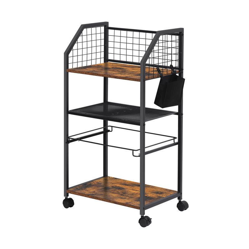 Rolling File Cart With Hanging File Folder, Wooden And Metal Mesh Design, Lockable Wheels, Brown
