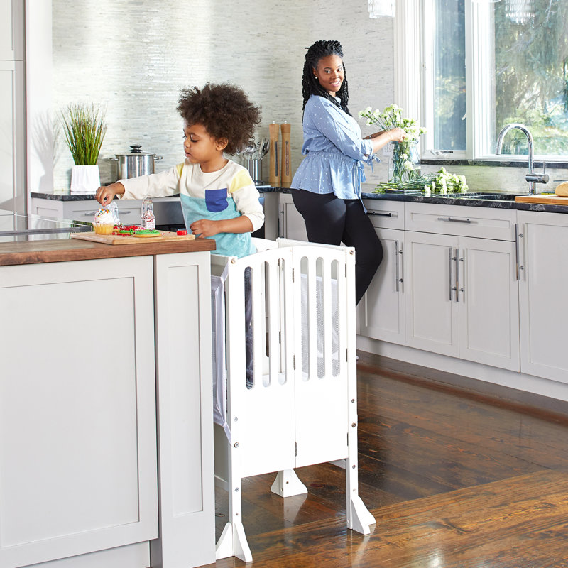 White Foldable Wooden Kitchen Helper Step Stool