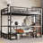Queen Over Twin XL Metal Bunk Bed with Desk, Bookshelf, LED, USB, Foldable Sofa, Black