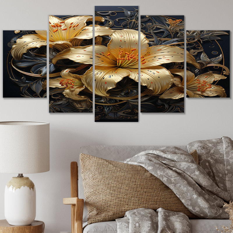 Golden Lily Flower Glam On Black III - décoration murale lis - 5 panneaux