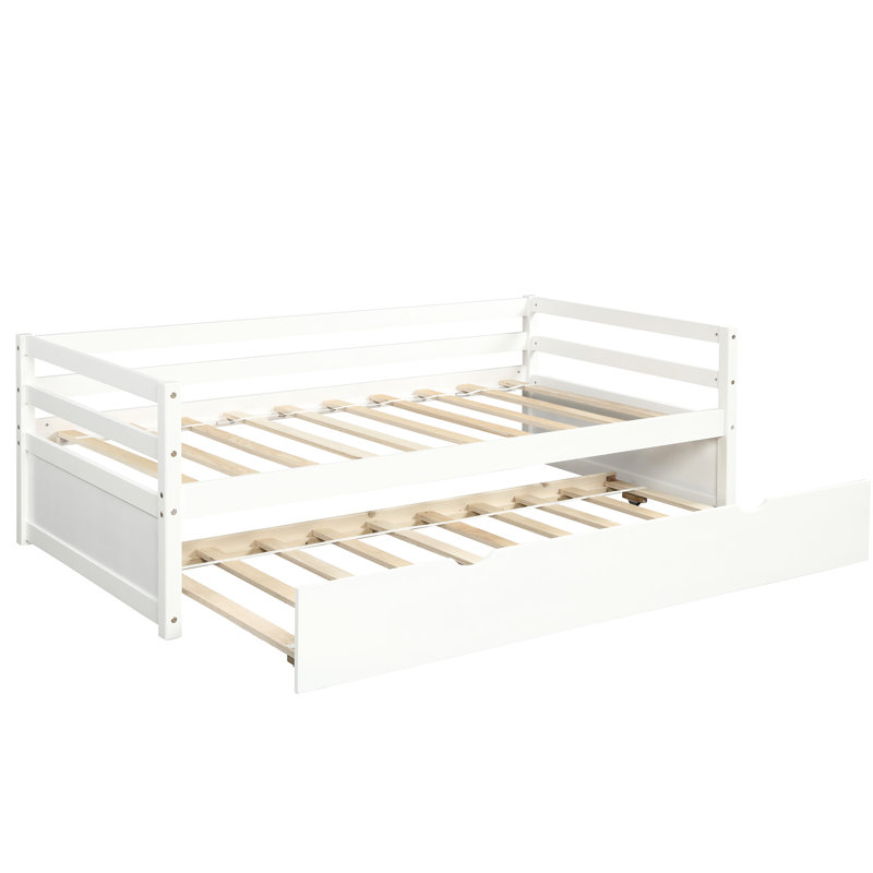 Lit de jour simple avec lit gigogne, couleur blanche, structure en bois massif, sans sommier, 10 lattes pour la construction du lit gigogne de soutien, lattes, ressort requis