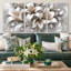 Ensemble de 3 toiles décoratives exclusives représentant des lys blancs et des cristaux argentés, grand format, style botanique luxueux. Parfait pour le salon, la chambre à coucher et le bureau.-1150646342