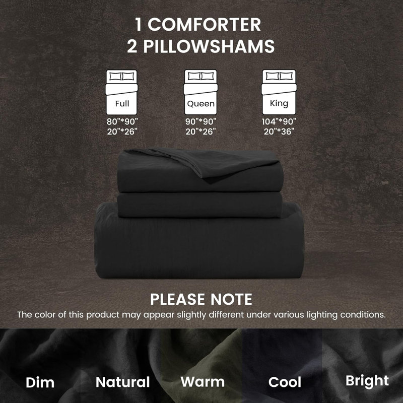 Ensemble de housse de couette délavé, microfibre unie douce et respirante facile d'entretien, Noir délavé, Double