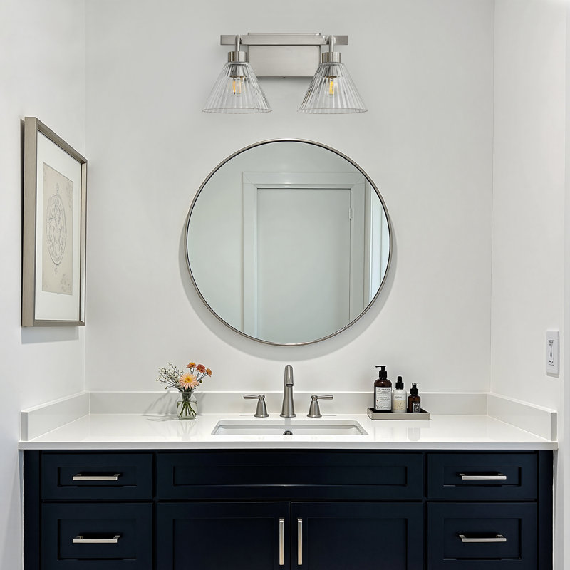 Applique murale de salle de bain à 2 lumières avec variateur et abat-jour en verre transparent côtelé, Nickel, 2 lumières