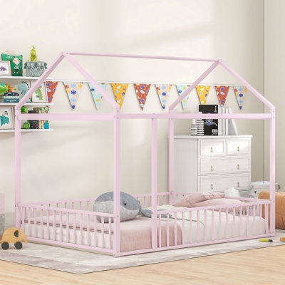 Schererville Metal House Style Floor Bed with Canopy and Guardrails by Harper Orchard