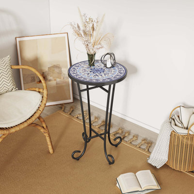 French Country Outdoor Side Table with Weather-Resistant Ceramic Top
