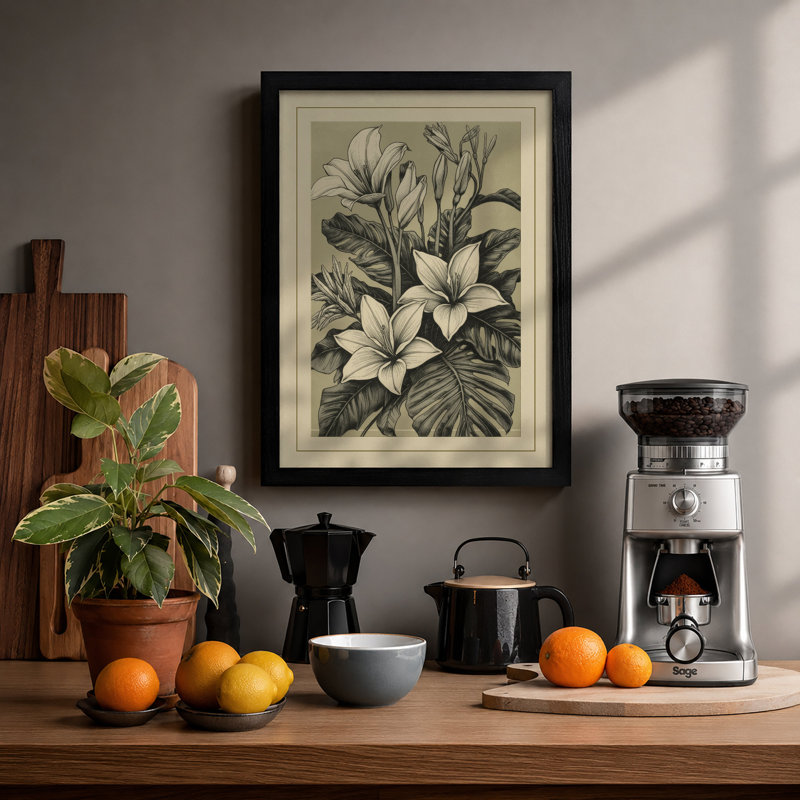 White Lilies Study Botanical - Framed Print, A2 - 59.4 x 42.0 cm, Black